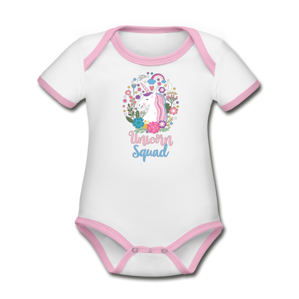 Unicorn Squad Organic Contrast Short Sleeve Baby Bodysuit - white/pink